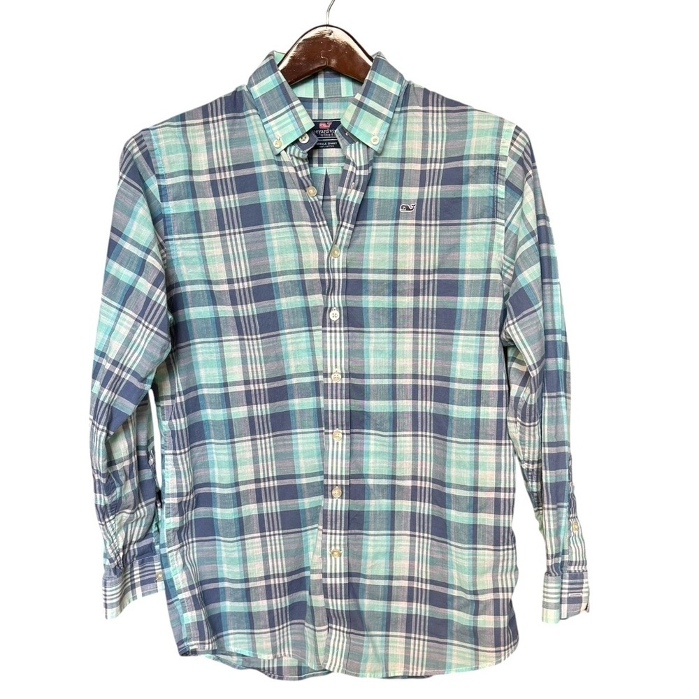 Vineyard Vines Whale Shirt Boys Large 16-18 Blue Plaid Long Sleeve Button Up